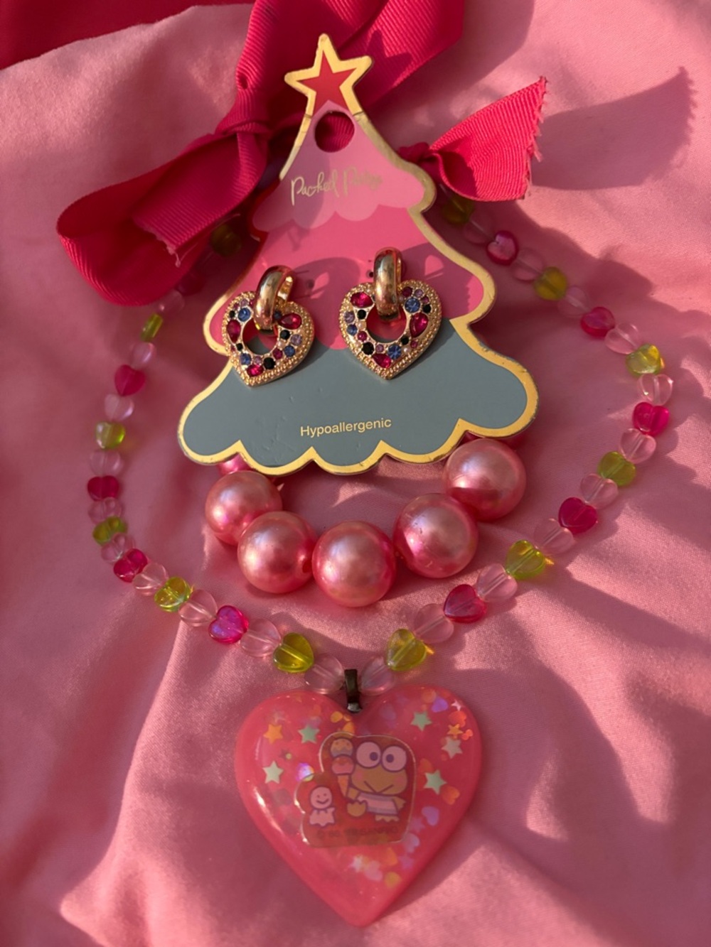Packed Party Pink Heart Necklace and Jeweled Heart Hoop Earrings Set